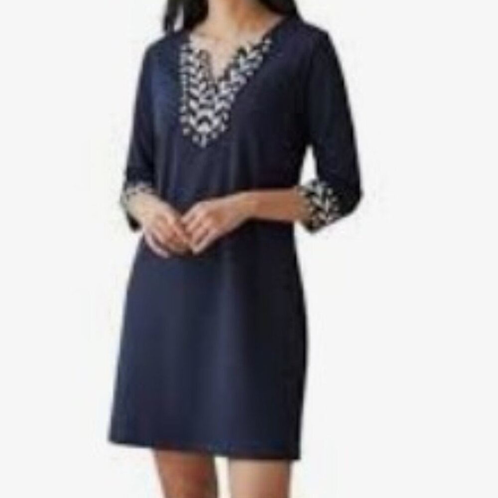Crown & Ivy Navy with White Embroidered Trim Midi Shift Coastal Dress Medium